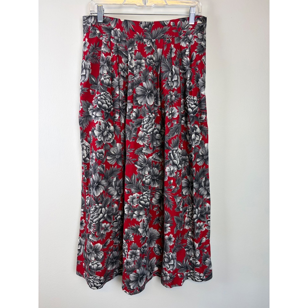 Rena Rowan Saville Maxi Skirt 12 Red Floral Pleated Vintage 90s Modest Cottage